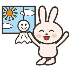 てるてる坊主の効果で晴れて大喜びのうさぎさんのイラスト