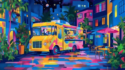 Obraz premium Colorful illustration of a food truck at a city festival at night, with vibrant lighting and a festive atmosphere.