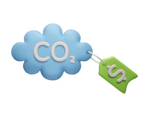 Carbon credit 3D vector illustration concept art. CO2 greenhouse gas cloud with dollar price tag isolated on white. 3D CO2 emission reduction, zero carbon footprint, net zero carbon offset by 2050.