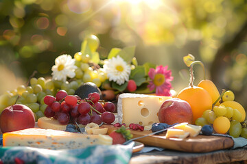 Sunlit summer picnic scene, vibrant fruits and cheeses closeup, joy and freshness embodied 