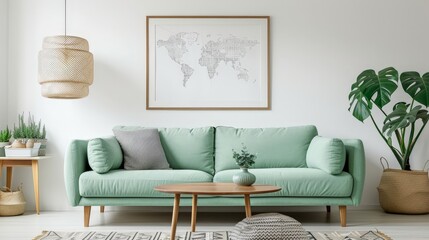 Stylish scandinavian living room with design mint sofa, furnitures, mock up poster map, plants and elegant personal accessories