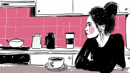 A side view illustration of a pensive young woman with a coffee cup in a stylized kitchen setting.
