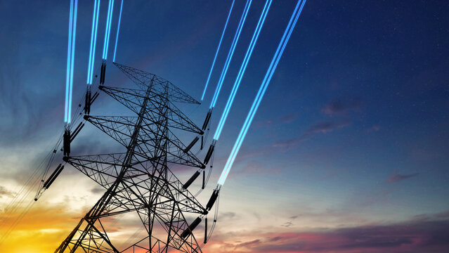 Close up bottom view electricity overhead power lines on sunset sky in Jakarta Indonesia, with digital laser beam.