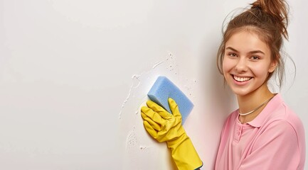 A smiling woman in a pink shirt and yellow rubber gloves is holding a blue sponge and cleaning a white wall