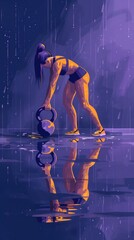 Illustration of a fit young woman lifting a kettlebell, with her reflection on a shiny surface under a violet hue.