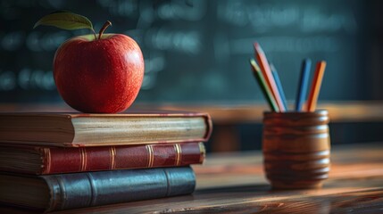 A stack of books with a red apple on top, next to a pencil holder with colorful pencils, set against a blurry chalkboard background. - Powered by Adobe