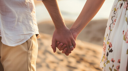 Couple holding hands on beach. Man and woman on a vacation or holiday holding hands together at the beach in honeymoon.