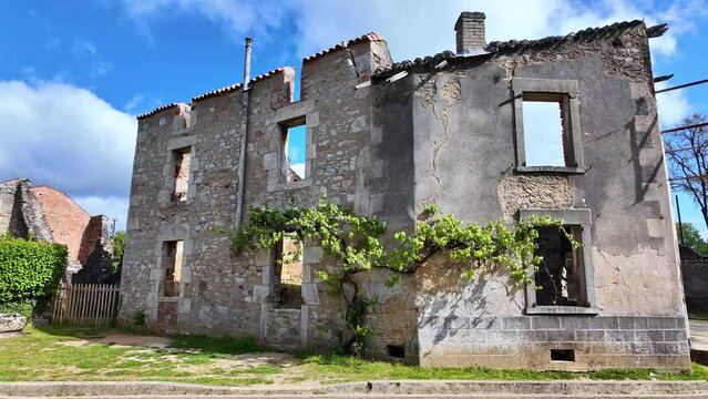Ruins of Oradour-sur-Glane old village, Haute-Vienne department, New Aquitaine in France. Panning