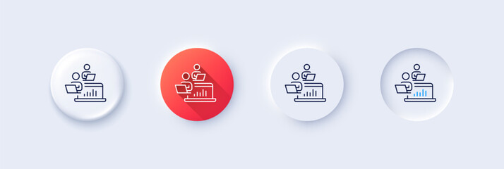 Teamwork line icon. Neumorphic, Red gradient, 3d pin buttons. Remote office sign. Team employees symbol. Line icons. Neumorphic buttons with outline signs. Vector