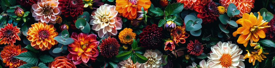 A collection of assorted flowers arranged neatly and displayed on a wall