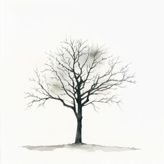 Watercolor painting of a solitary tree standing against a stark white background, rendered in shades of gray to emphasize its solitary beauty, Generative AI