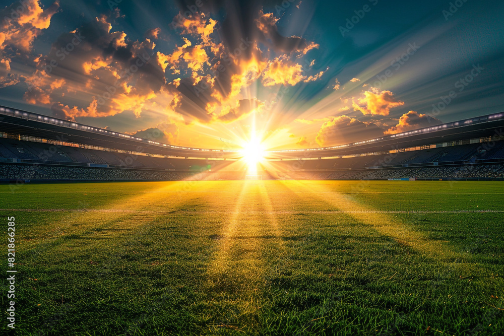 Poster sunset rays over an empty soccer stadium ready for action