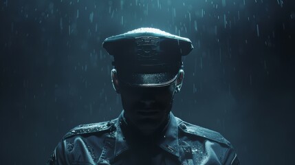 A man in a military uniform stands in the rain