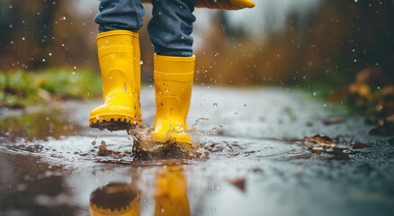 A child jumps through puddles in yellow boots.Generative AI