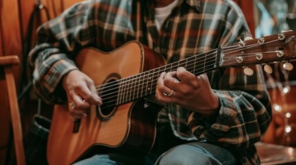 Obraz premium A man sitting on a chair playing an acoustic guitar in a room with natural light