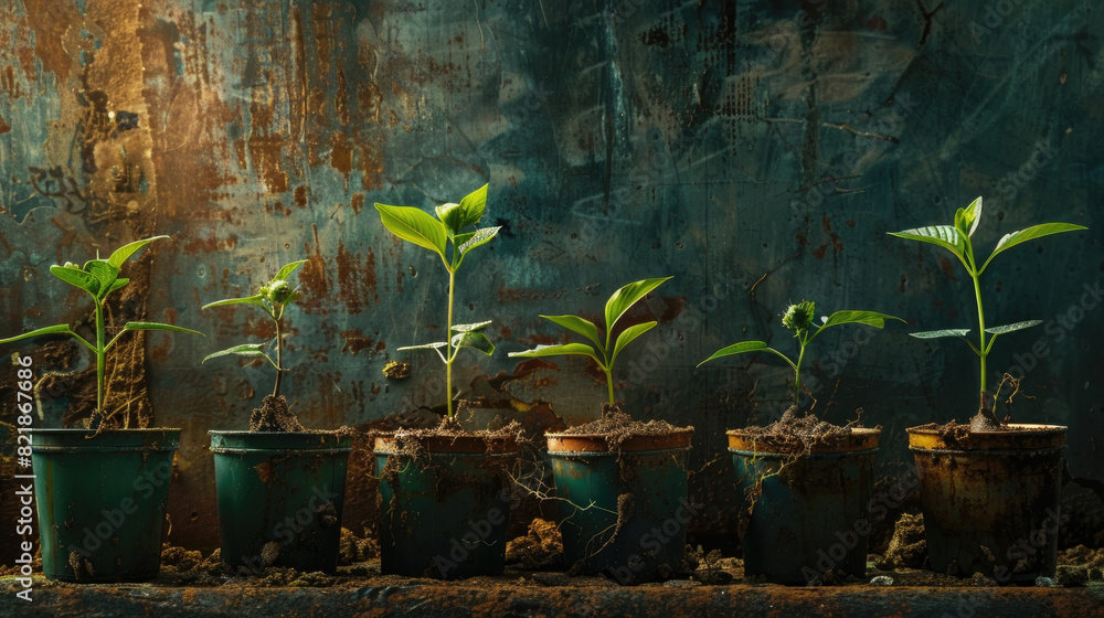 Poster an arrangement of potted plants lined up neatly in front of a sturdy wall, creating a green and vibr