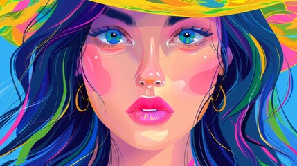 Fototapeta premium Vibrant illustration of a young woman with colorful hair and striking blue eyes.