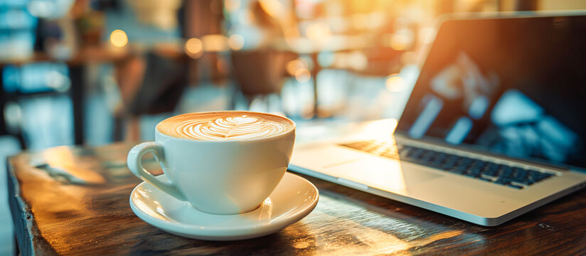 coffee latte with laptop in the table concept background