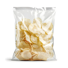 Clear plastic pillow bag filled with potato chips mockup, on a white background