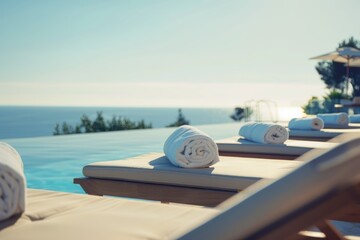 Obraz premium Sunbeds with Towels by the Pool: Luxury Resort Relaxation, Serene Poolside Ambiance with Ocean View and Tranquil Atmosphere
