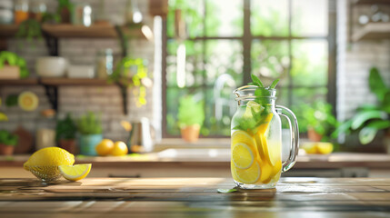 Jug with lemonade and blurred view of kitchen interior