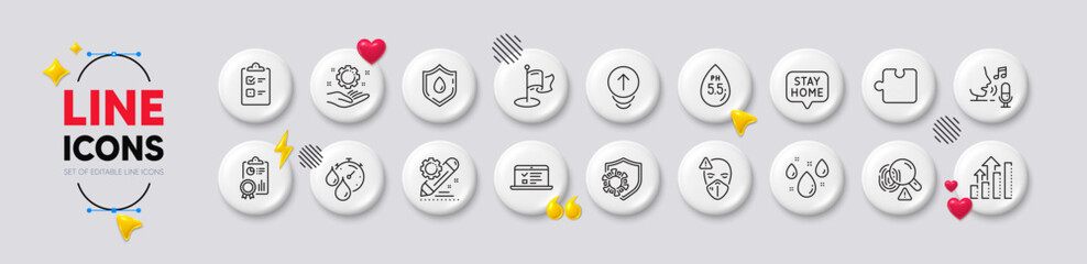 Microphone, Swipe up and Timer line icons. White buttons 3d icons. Pack of Ph neutral, Puzzle, Medical mask icon. Coronavirus, Fingerprint, Milestone pictogram. Vector