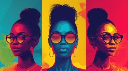 Fototapeta premium Three stylized portraits of a woman with glasses against a vibrant tricolor background.