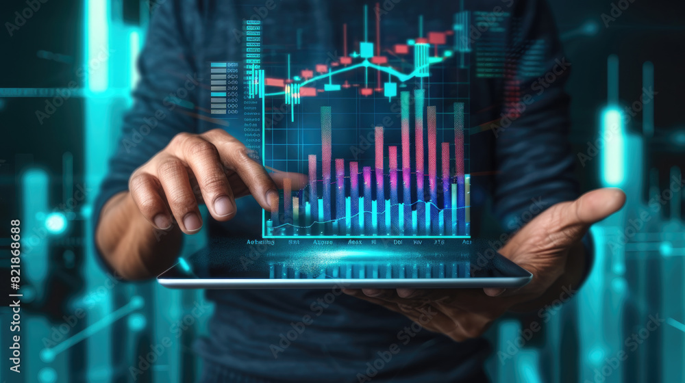 Poster a businessman uses a tablet to analyze financial data, displaying colorful graphs and charts, in a h