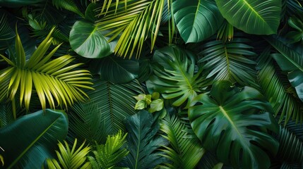 A cluster of tropical leaves with varying textures and shades of green, featuring an open area for text placement