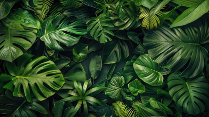 Fototapeta premium A composition of different tropical leaves in green tones, with a central open space ideal for text placement