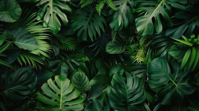 A composition of different tropical leaves in green tones, with a central open space ideal for text placement