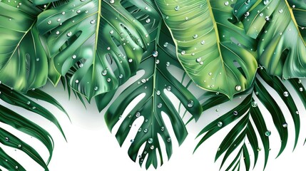 A detailed view of tropical leaves with dew drops, featuring a clean, open section for text or fabric design