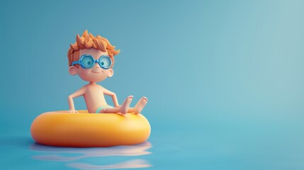 3D illustration of a cute boy sitting on an inflatable ring, wearing swimming goggles against a blue background.