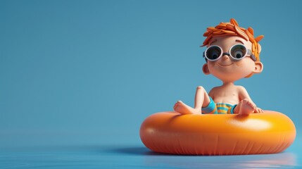 3D illustration of a cute boy sitting on an inflatable ring, wearing swimming goggles against a blue background.