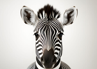 Head of black and white pattern zebra on white background. Realistic animal clipart template. Odd-hoofed mammal. Classified in horse genus eat grass their main food. - Powered by Adobe