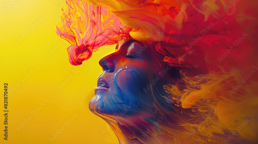 Poster a womans face covered in a swirl of vibrant colored smoke, creating a mesmerizing and artistic visua