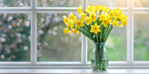 A vase of yellow and white daffodils sits on a windowsill