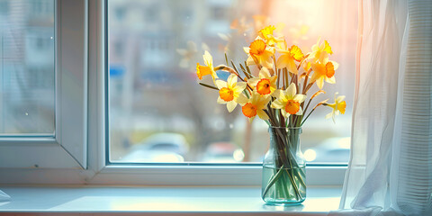 A vase of yellow and white daffodils sits on a windowsill