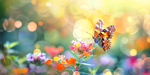 A monarch butterfly on a field of flowers with bokeh effects