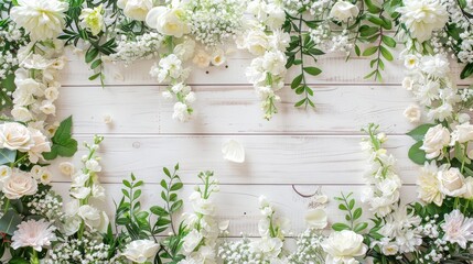 Top view of wedding flowers on white wood background, luxurious and elegant bouquet of roses and Other colors flowers on wooden background copy space, Top view of wedding flowers