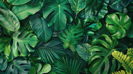A collage of different tropical leaves in various shapes and shades of green, with sections intentionally left blank for text placement or fabric design