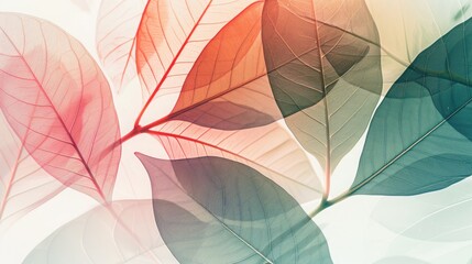 A layered background with translucent tropical leaves, creating a sense of depth and offering clear spaces for text or fabric designs