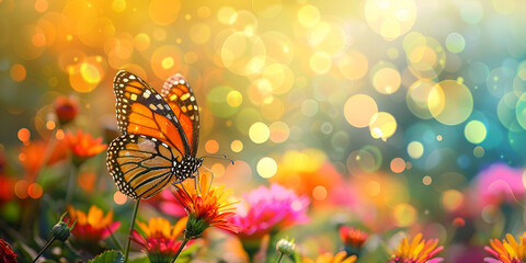 A monarch butterfly on a field of flowers with bokeh effects