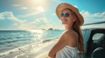A woman in sunglasses and a hat stands near a car on top of a hill.