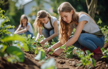 Fototapeta premium Cute little girl kindergarten child growing fresh salad in spring A little boy is happy with gardening. Children help with vegetable gardening in the house.