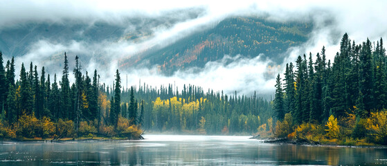 A foggy natural landscape with a freezing lake surrounded by trees and clouds