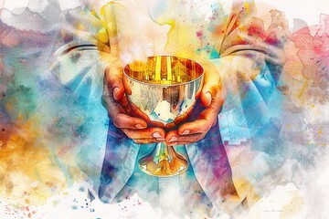 Hands holding the sacred chalice on minimal white watercolor background.