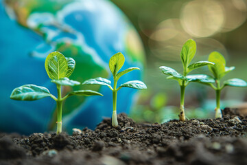 Sustainability Seedlings, Small green shoots growing from a globe, highlighting eco-friendly business practices and sustainable growth 