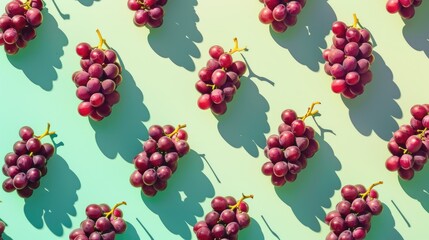 Purple Grapes in Pattern on Pastel Background with Shadows: Fresh, Organic, and Juicy Bunches