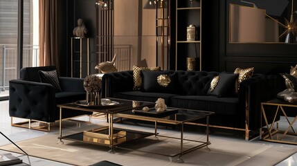 A chic living room with a black and gold theme
